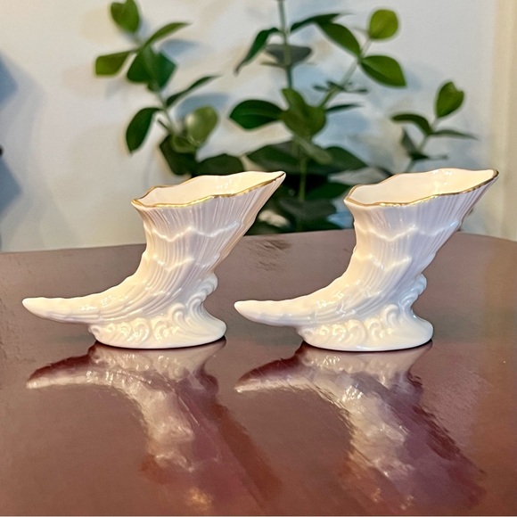 Lenox Cornucopia Mini Vases Set Of 2 Horn Of Plenty Porcelain Gold Rim 1990s 3” - Picture 4 of 9